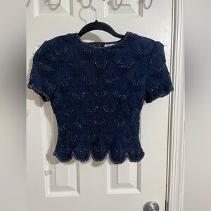 Adrianna Papell Navy Beaded Scalloped Hem Crop Top